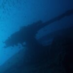 Il cannone di poppa del Thistlegorm in controluce sul blu, sotto un banco di pesciolini