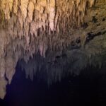Un soffitto di stalattiti beige illuminato con la torcia, che si riflette su una superficie d'acqua nera, nel cenote The Pit