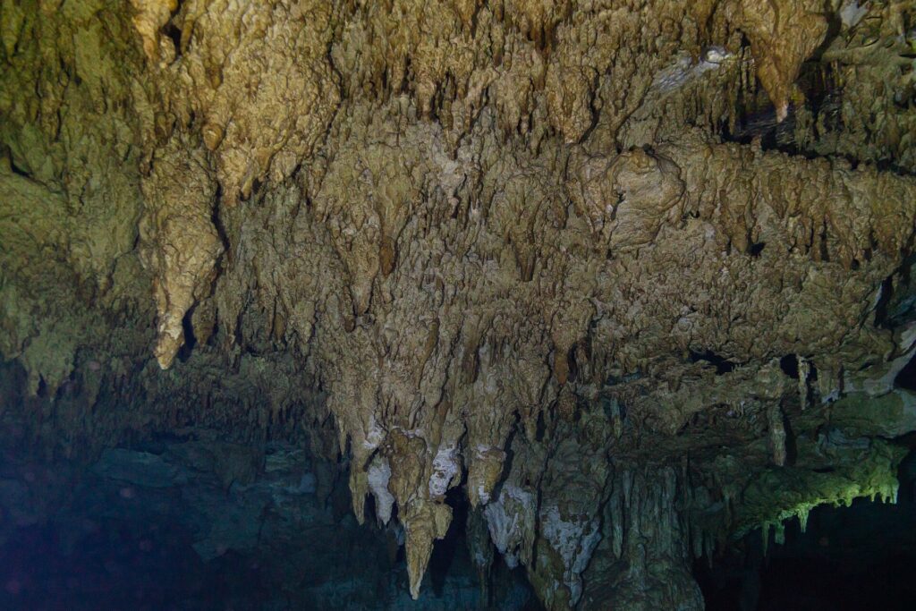Una foresta di stalattiti beige che scende verso l'acqua scura, con una colonna al centro e un bagliore verde a destra