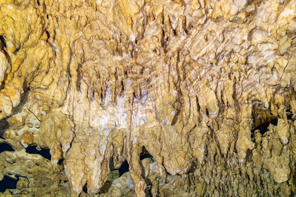 Primo piano di concrezioni giallo pallido e stalattiti sottili, con il riflesso ondulato dell'acqua in basso