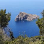 Vista dall'alto di Port-Cros, tra pini e arbusti, sull'isolotto roccioso e scosceso della Gabinière in un mare blu profondo, con una piccola barca bianca ormeggiata ai suoi piedi.