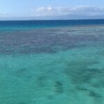 La laguna vista dall'alto, acqua turchese punteggiata di formazioni coralline scure, a destra la barriera dove si infrangono le onde e all'orizzonte le montagne della Grande Terre