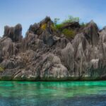 Un isolotto di calcare grigio irto di punte, coperto da un po' di vegetazione, si erge sopra un'acqua turchese trasparente dove si intravede il corallo, sotto un cielo blu.