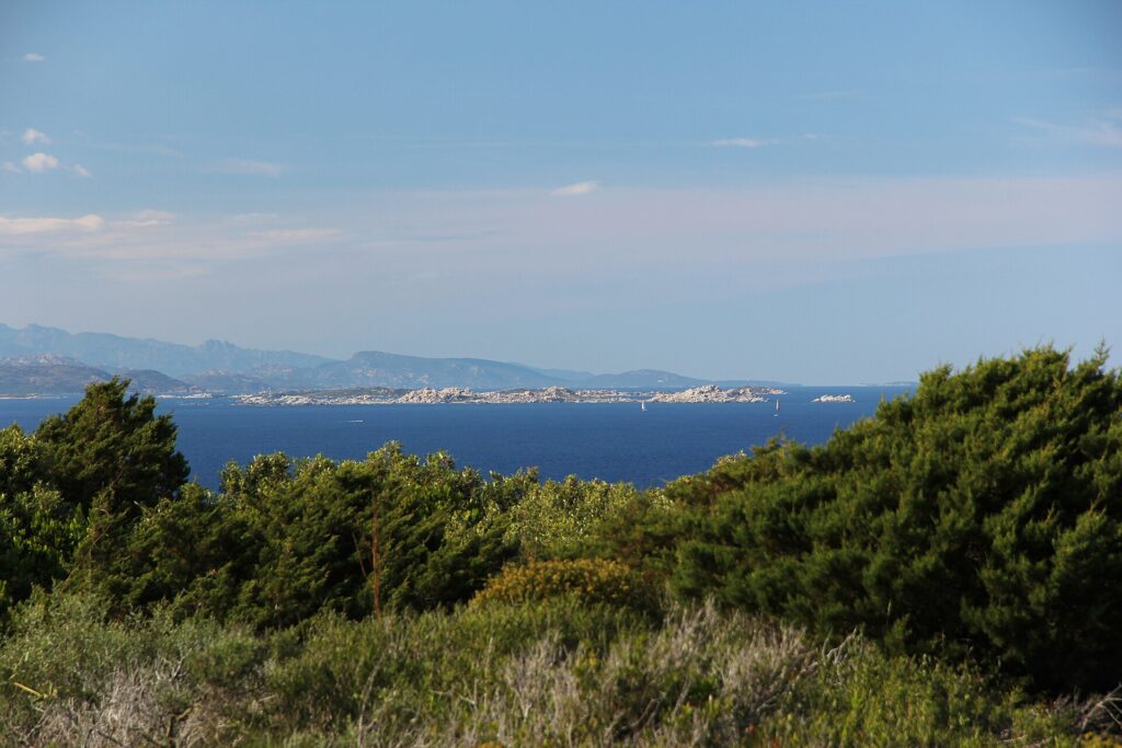 Vista dalla macchia della costa su una lunga isola bassa fatta di blocchi di granito chiaro, in un mare blu scuro, con una barca a vela ai suoi piedi e montagne azzurrine all'orizzonte.