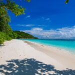 La spiaggia di sabbia bianca di Koh Tachai orlata di alberi sotto un cielo blu, con l'acqua turchese a destra e una fila di boe al largo