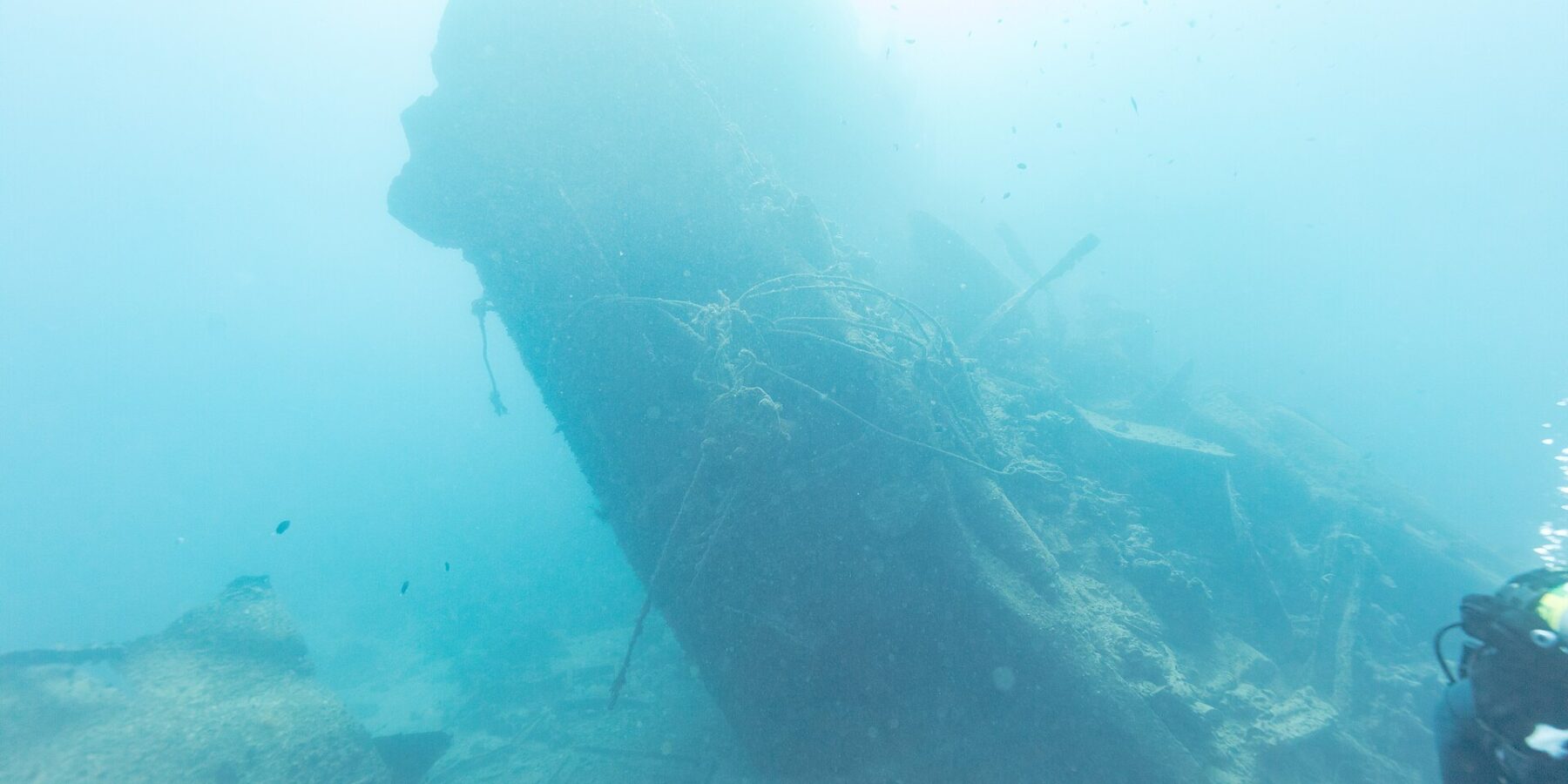 La poppa spezzata del Thistlegorm che si alza inclinata nel blu, con un sub sulla destra