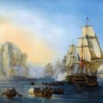 Dipinto di una squadra navale francese a vele spiegate che cannoneggia un grande scoglio chiaro, mentre scialuppe cariche di soldati remano verso di esso