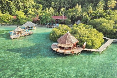 Vista aerea del Raja Ampat Dive Lodge, con i pontili su palafitte e i tetti rossi sotto le palme