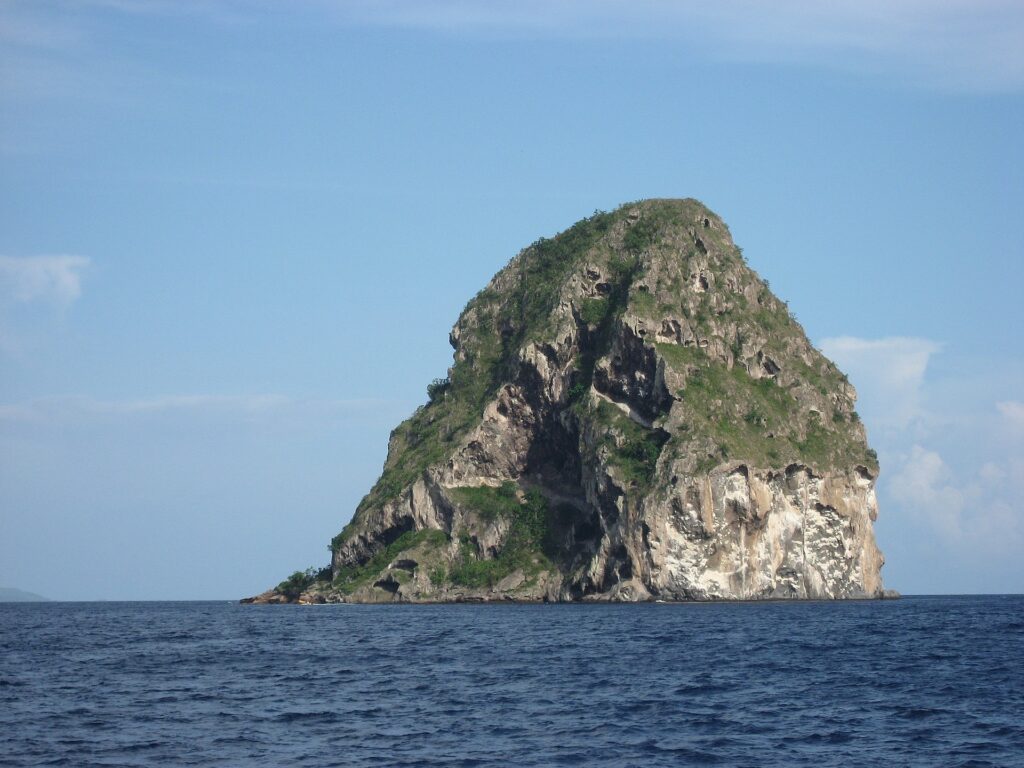 Il Rocher du Diamant visto da vicino dal mare, una massa di roccia grigia scavata da grotte, striata di bianco e coperta in cima di vegetazione, sopra un mare blu scuro