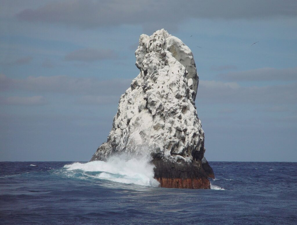 Il picco nord-ovest di Roca Partida, bianco di guano, visto dalla barca, con un'onda che si infrange alla base e uccelli in volo sopra
