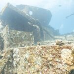 Le sovrastrutture di prua del Thistlegorm coperte di coralli duri, viste dal ponte