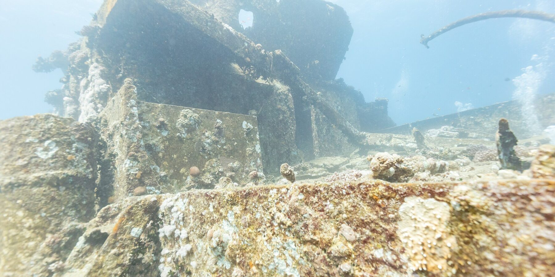 Le sovrastrutture di prua del Thistlegorm coperte di coralli duri, viste dal ponte