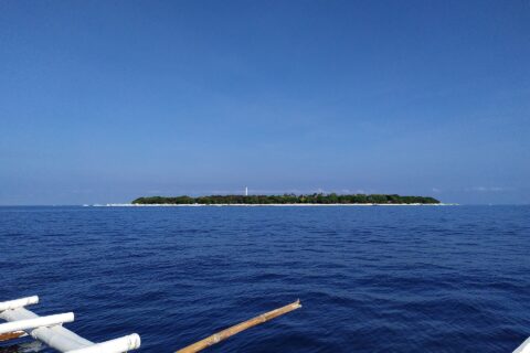 L'isola piatta e boscosa di Balicasag all'orizzonte, con il suo faro bianco e la frangia di sabbia chiara, vista da una bangka i cui bilancieri bianchi occupano il primo piano, sotto un cielo azzurro senza nuvole.
