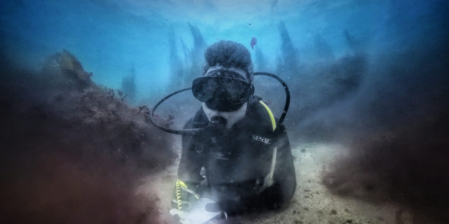 Un sub in muta nera, sdraiato su un fondale di sabbia tra due rocce coperte di alghe brune, scrive su una lavagnetta bianca, con le sagome delle laminarie che si stagliano nel blu dietro di lui.