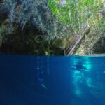 Vista metà fuori e metà sott'acqua all'ingresso del cenote The Pit: la volta di calcare e la scala di legno sotto la giungla in alto, due sub nell'acqua blu profondo in basso